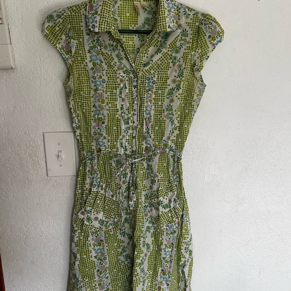 Vintage Susina Green and White Buttoned Tie Front Midi Dress